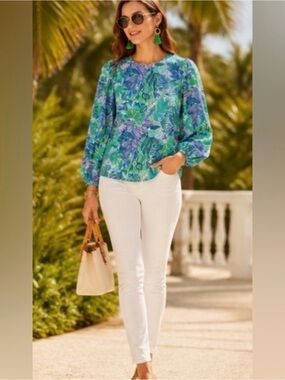 Lilly Pulitzer Lynnley Long Sleeve Top Botanical Green | Resort Chic Blouse